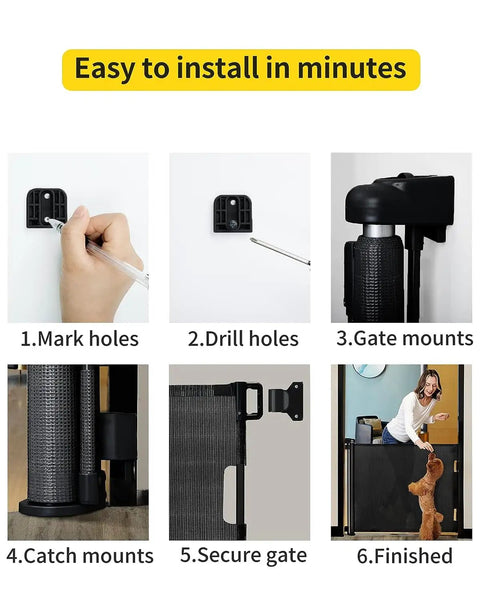 Installation steps for Retractable Mesh Baby Gate For Doorways, Stairs, And Hallways, 33 Inch Tall, Expands Up To 55 Inches Wide.
