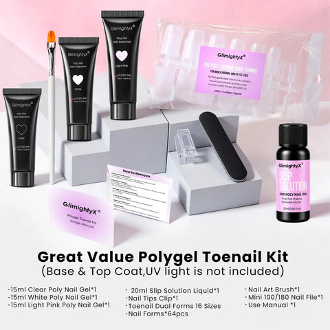 All In One Polygel Toenail Kit For Beginners With 315ml Hema Free Clear White Pink Gel Toe Dual Nail Forms 20ml Slip Solution