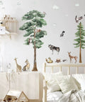 Gigantic 68 Inch Watercolor Pine Tree Woodland Forest Safari Animals Wall Decals Peel And Stick Deer Birds Owl Wolf Stickers