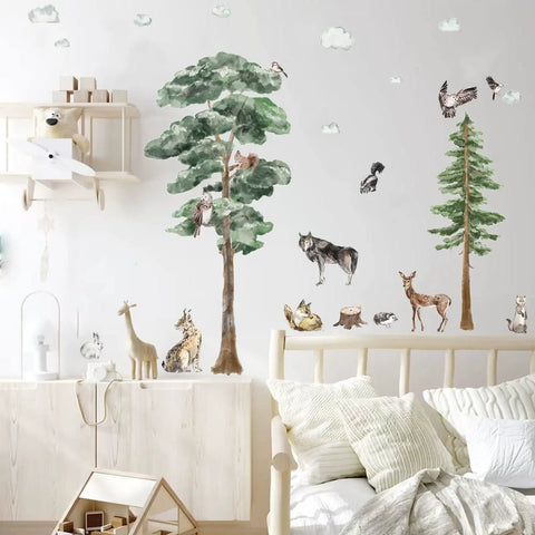 Gigantic 68 Inch Watercolor Pine Tree Woodland Forest Safari Animals Wall Decals Peel And Stick Deer Birds Owl Wolf Stickers