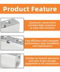 Close-up of aluminum air manifold 2-way 4-port block splitter with features text emphasizing durability and efficiency.