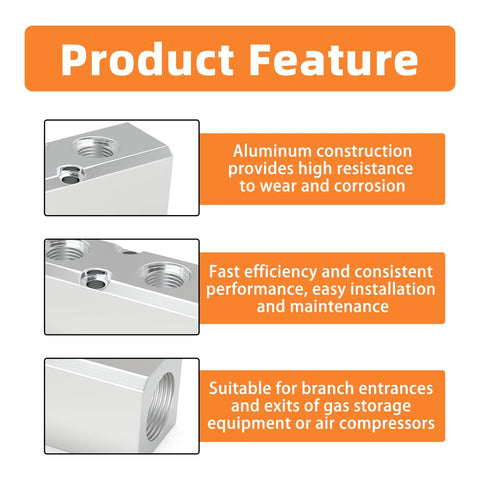 Close-up of aluminum air manifold 2-way 4-port block splitter with features text emphasizing durability and efficiency.