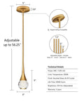 Diagram of Teardrop Crystal Pendant Light With Gold Brushed Brass Finish One Light Mini LED Fixture Glass Globe Ceiling Pendant