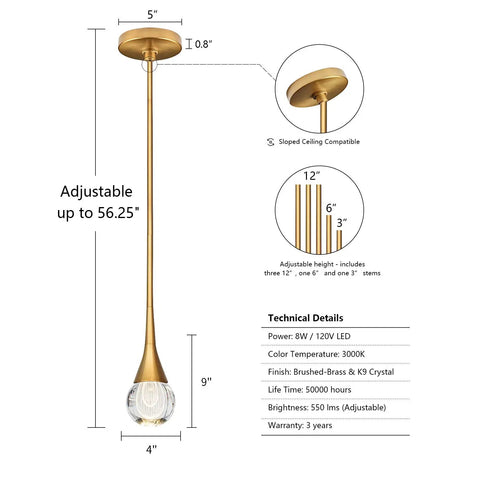 Diagram of Teardrop Crystal Pendant Light With Gold Brushed Brass Finish One Light Mini LED Fixture Glass Globe Ceiling Pendant