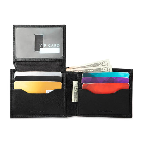 Mens RFID Blocking Leather Minimalist Bifold Wallet With ID Window Black Passcase Slim Card Holder open with cards and cash.