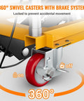 360° swivel casters on Heavy Duty Hydraulic Scissor Lift Table Cart 330 Lb, featuring brake system for secure movement.