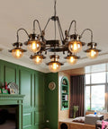 Rustic Box Ceiling Pendant Light Badass Industrial Hanging Chandelier with six globes in green modern living room.