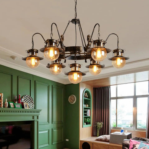 Killer Vintage Box Chandelier Pendant Light Fixture Offering Smooth Industrial Vibe Plus 115 Cm Width in living room setting.