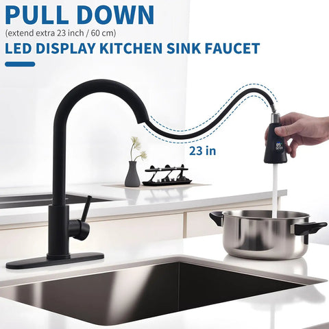 HOMELODY LED Temperature Display Black Kitchen Faucet with Pull Down Sprayer - Matte Black Single Handle Kitchen Sink Faucet, High Arc 304 Stainless Steel Design in use with pot.