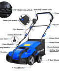 Labeled diagram of 16 Inch Dethatcher And Scarifier For Lawn, Electric Walk Behind Tool with 15 Amp Copper Motor and components