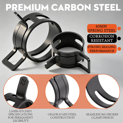 Premium carbon steel clamps from 324 Piece Spring Hose Clamp Kit With 6-38mm Range And 2 Pliers For Quick Leaks Fixes, 360 Degree Seal.