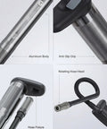 Close-up of aluminum body, anti-slip grip, rotating hose head of 320 PSI high pressure bike shock pump with gauge for mountain bikes.