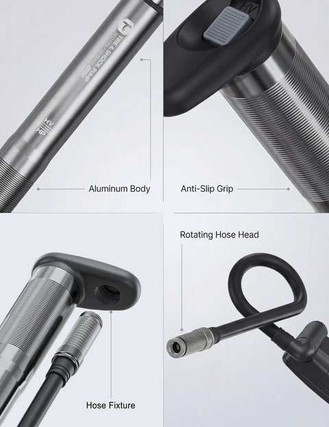Close-up of aluminum body, anti-slip grip, rotating hose head of 320 PSI high pressure bike shock pump with gauge for mountain bikes.