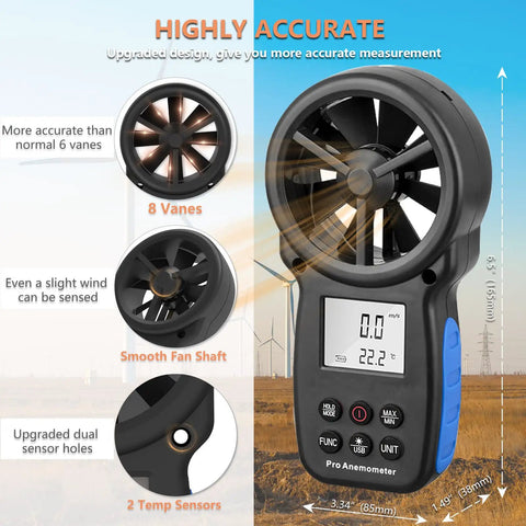 866A HVAC Anemometer Pro CFM Air Flow Meter With USB Handheld Wind Speed Temperature Humidity And Dew Point Gauge For Ductwork And HVAC Pros Boss Level Airflow Monitoring Device, 6.5in black handheld