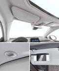 Automotive headliner fabric installed in a gray car roof; overhead console, sunroof, and visor mirror visible
