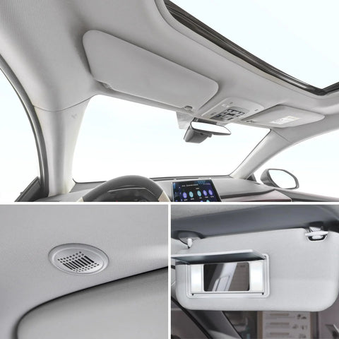 Automotive headliner fabric installed in a gray car roof; overhead console, sunroof, and visor mirror visible
