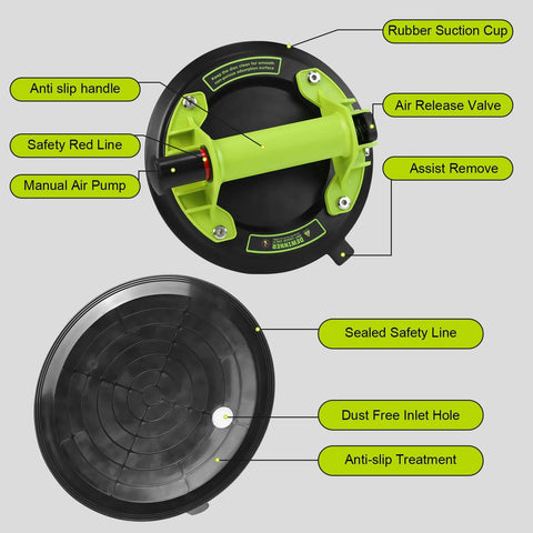 Front view of DEWINNER 8-inch glass suction lifter with lime-green housing and black suction plate.