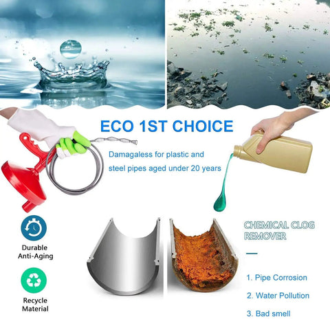 Person holding 25 Foot Heavy Duty Plumbing Snake For Drains, Toilets And Sinks with anti-aging, eco-friendly icons.
