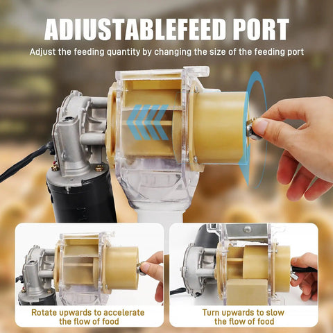 Smooth Operator 16 Group Automatic Poultry Feeder With Programmable Timer showing adjustable feed port for controlling food flow.