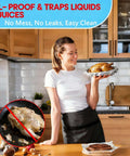 Woman holding roasted chicken on heavy duty aluminum foil sheets 12 x 10.75 inches, 500 count pre cut pop up dispenser, ideal for baking.
