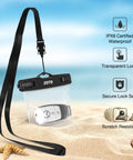 2 Pack Waterproof Car Key Fob Case with Lanyard for Swimming and Surfing on beach with starfish and seashells, IPX8 protector displayed