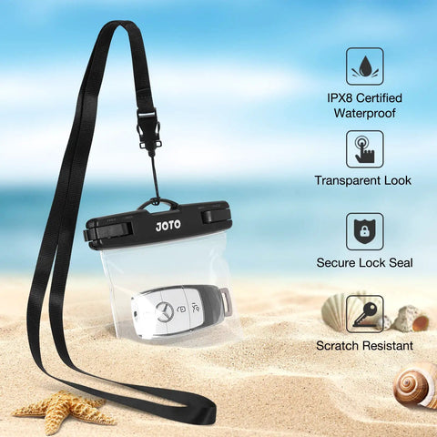 2 Pack Waterproof Car Key Fob Case with Lanyard for Swimming and Surfing on beach with starfish and seashells, IPX8 protector displayed