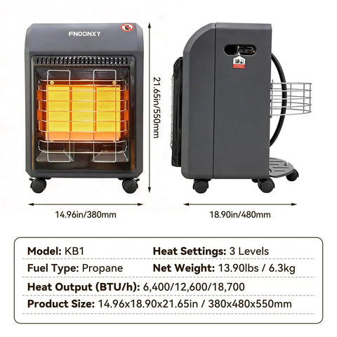 Front and side view of Portable Propane Cabinet Heater With 18,700 BTU, Three Temperature Settings, Tip Over Protection, Heats Up To 377 Sq Ft.