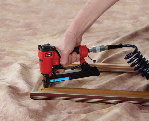 Oil Free Pneumatic Staple Gun For Wood Upholstery Carpet And Wire Fencing Fits One Quarter Inch Through Nine Sixteenth Inch Staples in use