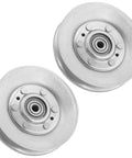 Must Have Replacement Idler Pulley For Cub Cadet XT3 GS And GSE Mowers Fits 956-18240 And 756-3045 close-up view of two silver pulleys.