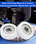 Eight Pieces Nylon Roller Bearings 8x30x10mm Double Shielded ABEC 1 Tolerance Ball Bearing Guide Flat Pulley Wheel For Furniture And Hardware Accessories Low Noise White, close-up of two white nylon wheels