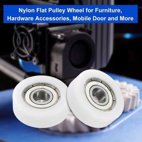 Eight Pieces Nylon Roller Bearings 8x30x10mm Double Shielded ABEC 1 Tolerance Ball Bearing Guide Flat Pulley Wheel For Furniture And Hardware Accessories Low Noise White, close-up of two white nylon wheels