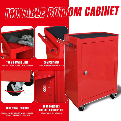 Movable bottom cabinet with features of the Rolling Garage Tool Organizer With Detachable 3 Drawer Chest and large storage cabinet.