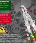Close-up of 18 In 1 Folding Wire Stripper Pliers For DIY Pros, showing wire cutting, red and green lights, and warning text.