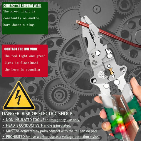 Close-up of 18 In 1 Folding Wire Stripper Pliers For DIY Pros, showing wire cutting, red and green lights, and warning text.