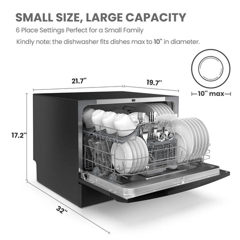 Front view of black Amazon COMFEE’ countertop dishwasher, portable with open door and dish rack.