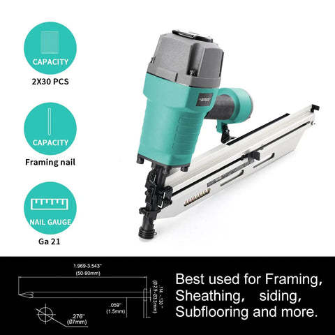 21 Degree Framing Nail Gun With Toolless Depth Adjustment, Pneumatic Framing Nailer For Two Inch To Three And A Half Inch Nails