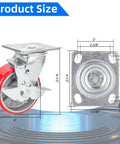 5 Inch Industrial Caster Set Of 4 With Brakes, Heavy Duty Swivel Plate Casters With Quiet Polyurethane Wheels On Steel Hubs, Each Caster Up To 1000 Lbs Or 4000 Lbs Per Set, Ideal For Toolbox, Workbench And Mobile Equipment, dimensions shown for installation