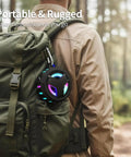 Bluetooth Shower Speaker With LED Light, IP67 Waterproof And Floating, 2000mAh Battery, attached to backpack outdoors