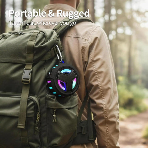 Bluetooth Shower Speaker With LED Light, IP67 Waterproof And Floating, 2000mAh Battery, attached to backpack outdoors