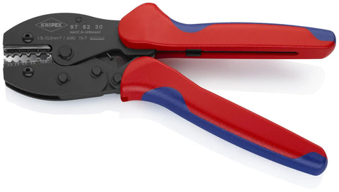 Five Position Non Insulated Wire Crimping Pliers For DIN 46267 Connectors, 1.5 To 4 Mm2 Capacity, AWG 15 To 11, red ergonomic grip.