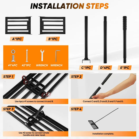 Installation steps for Beast Lawn Leveling Rake with 30x10 inch plate and 73 inch handle