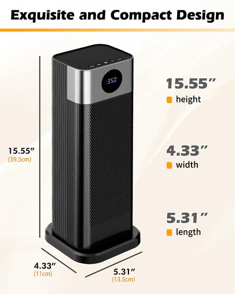Portable 1500W Indoor Space Heater With Remote, 15.5 Inch Tall Tower Heater dimensions and sleek design showcased.
