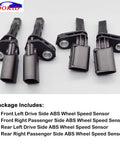 Ready To Run Front And Rear Abs Wheel Speed Sensor Pack Of Four For Volkswagen Vw Passat Jetta Tiguan Beetle Gti Eos Golf Cc Audi A3 Tt 2006 To 2018 Plug And Play Replacement showing four sensors with connectors.