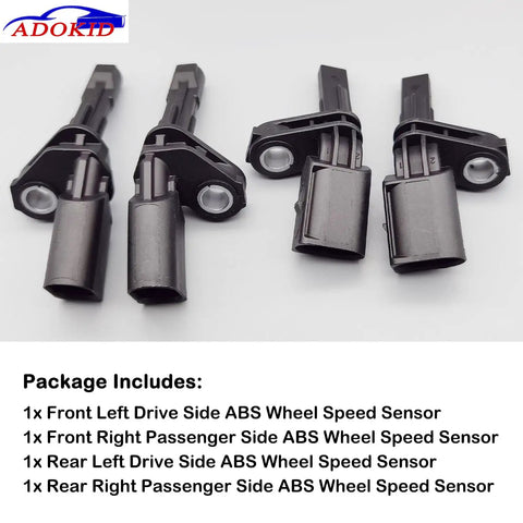Ready To Run Front And Rear Abs Wheel Speed Sensor Pack Of Four For Volkswagen Vw Passat Jetta Tiguan Beetle Gti Eos Golf Cc Audi A3 Tt 2006 To 2018 Plug And Play Replacement showing four sensors with connectors.