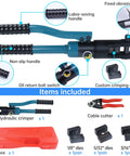 Diagram showing Upgraded Hydraulic Cable Railing Crimping Tool For One Eighth Inch Stainless Steel Wire Rope Kit With accessories.