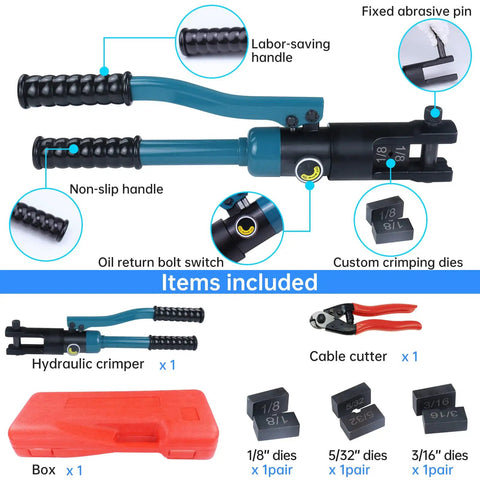 Diagram showing Upgraded Hydraulic Cable Railing Crimping Tool For One Eighth Inch Stainless Steel Wire Rope Kit With accessories.
