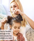 12 Pack Hair Beader Tools For Braids With Beads And Ponytails, Hair Pull Through Loop Set For Girls, Easy DIY Braiding Accessory Kit For Beaded Styles, 7.87 Inch Sticks For Quick And Creative Hairstyles. flexible black tool in use on a girl’s braided hairstyle