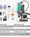 High Power 1550W Magnetic Drill Press With 1.57 Inch Maximum Bore, 210mm Stroke, 820 RPM No Load Speed accessories and specs.
