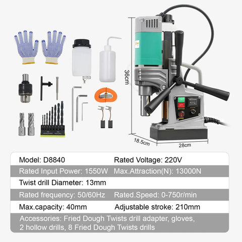 High Power 1550W Magnetic Drill Press With 1.57 Inch Maximum Bore, 210mm Stroke, 820 RPM No Load Speed accessories and specs.
