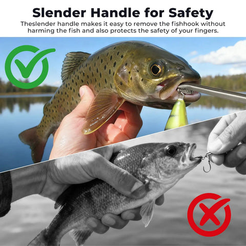 Comparison of fish handling using Triple Pack Fish Grippers With 2 to 3 Claw Design Plus Stainless Hook Remover showing fish safety.